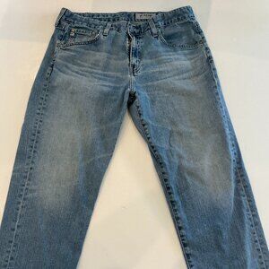 AG-ED JEANS, THE EX-BOYFRIEND SLIM CUT, SIZE 31R, MEDIUM WASH DISTRESSED